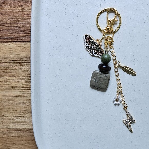 Handmade Earthy Keychain with Natural Stone Beads, Lightning Bolt Charm & Butter - Picture 1 of 7